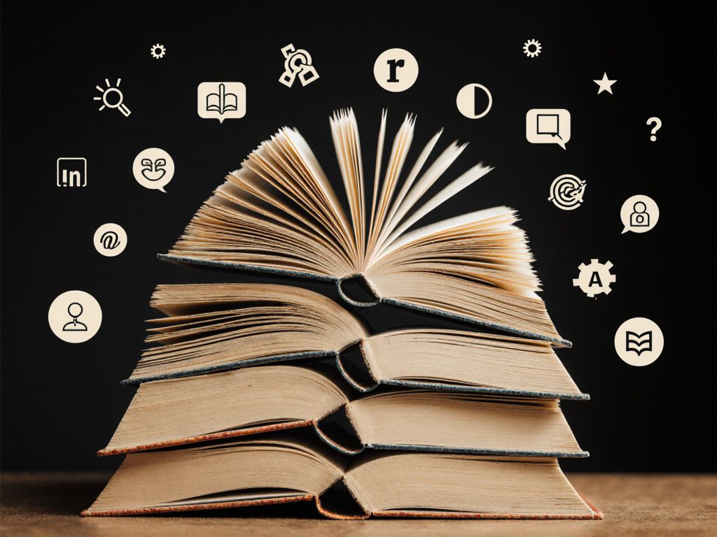 Stack of open books with flowing pages representing knowledge and glossary